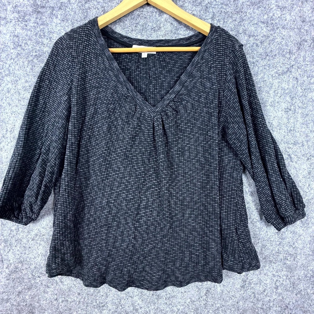 Anthropologie Eri + Ali Sweater Top Womens Medium Gray Knit V-Neck 3/4 Sleeve